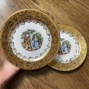 Vintage O.P. Co Syracuse China 22K Gold Victorian Couple Plate Set of 2 - 6 1/4"